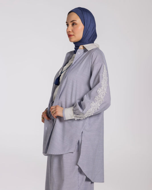 STRIPPED WIDE LEG COTTON SET -BLUE