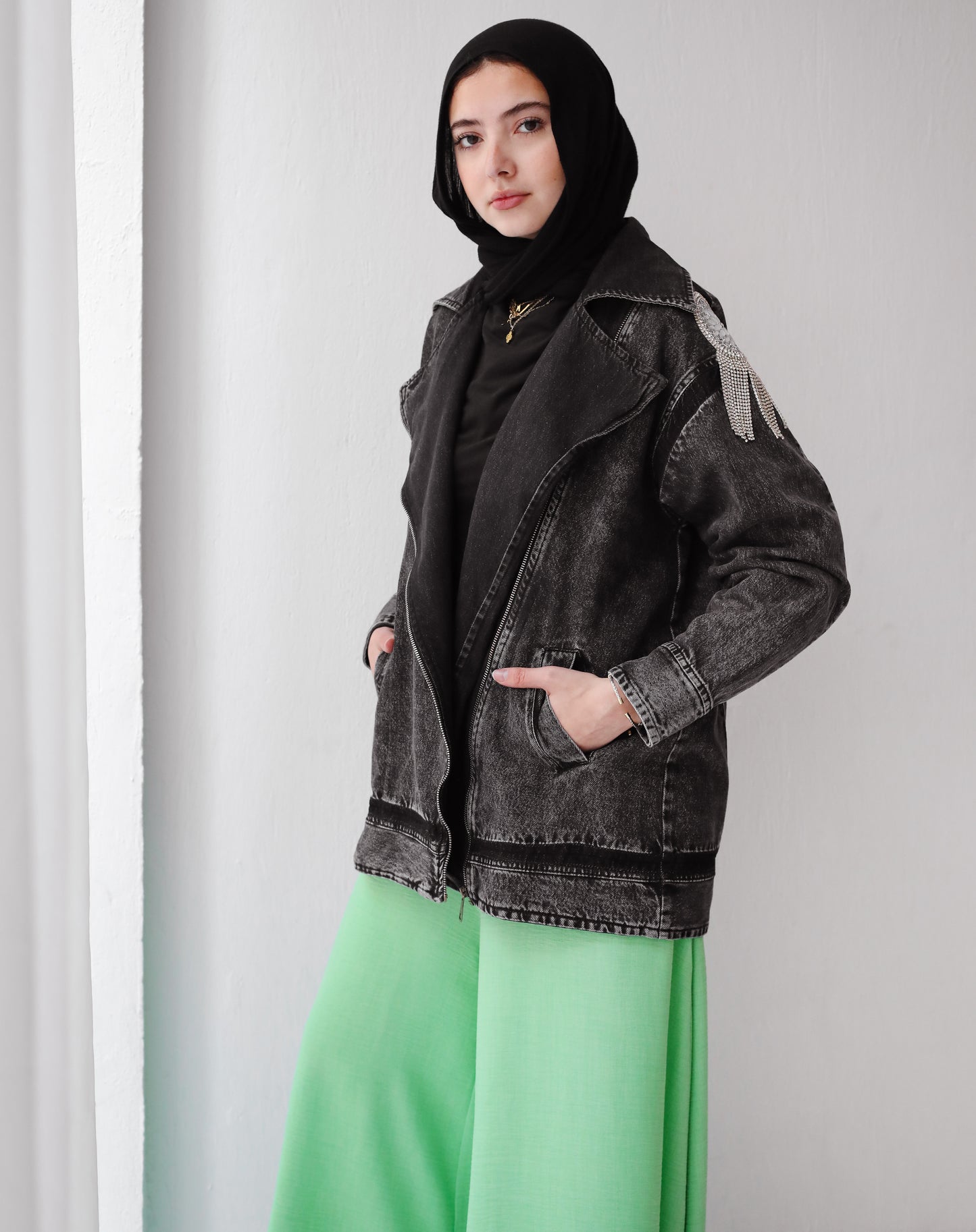 LONG STRASS DENIM JACKET-DARK GRAY