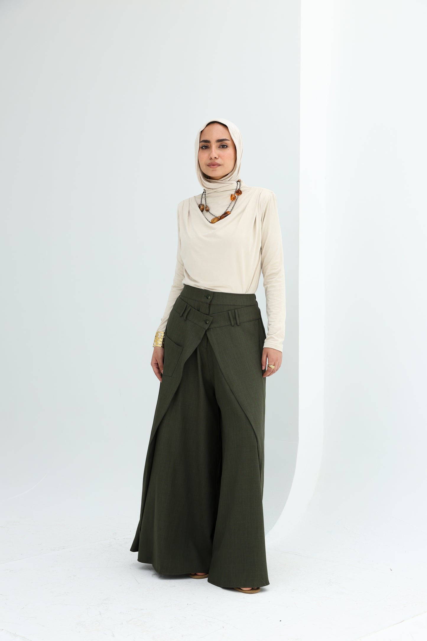 WRAP WIDE LEG PANTS - OLIVE