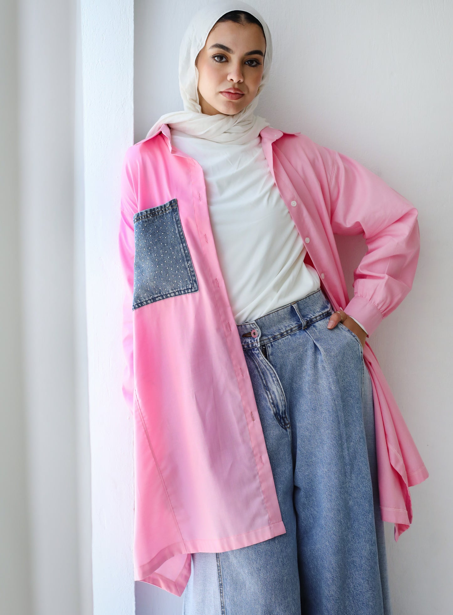DENIM POCKET POPLIN SHIRT-PINK