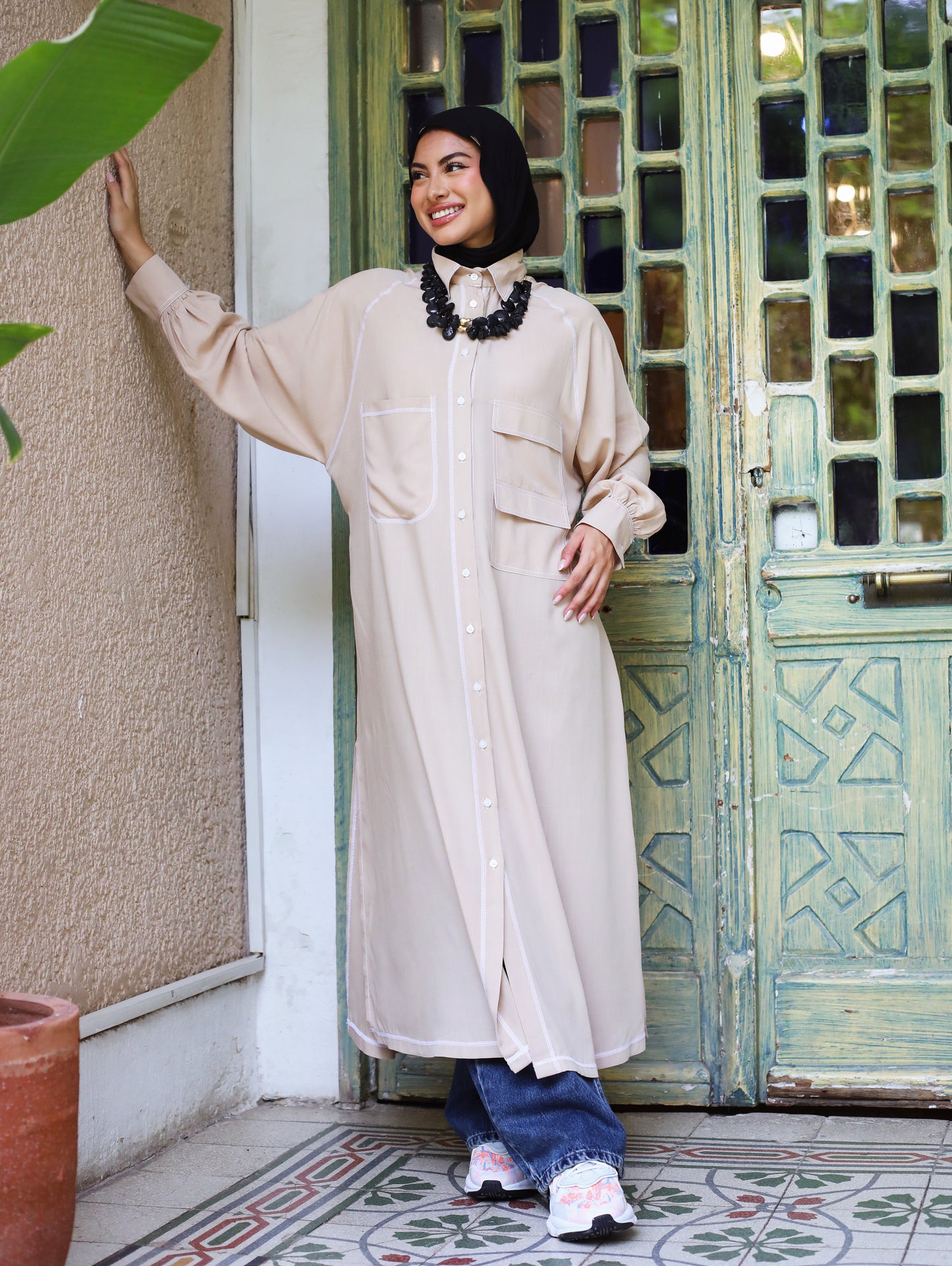 LONG COTTON SHIRT-BEIGE