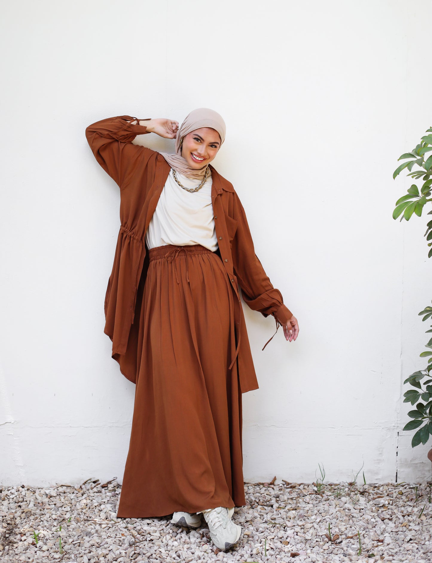 PLAIN LINEN SKIRT SET-BROWN