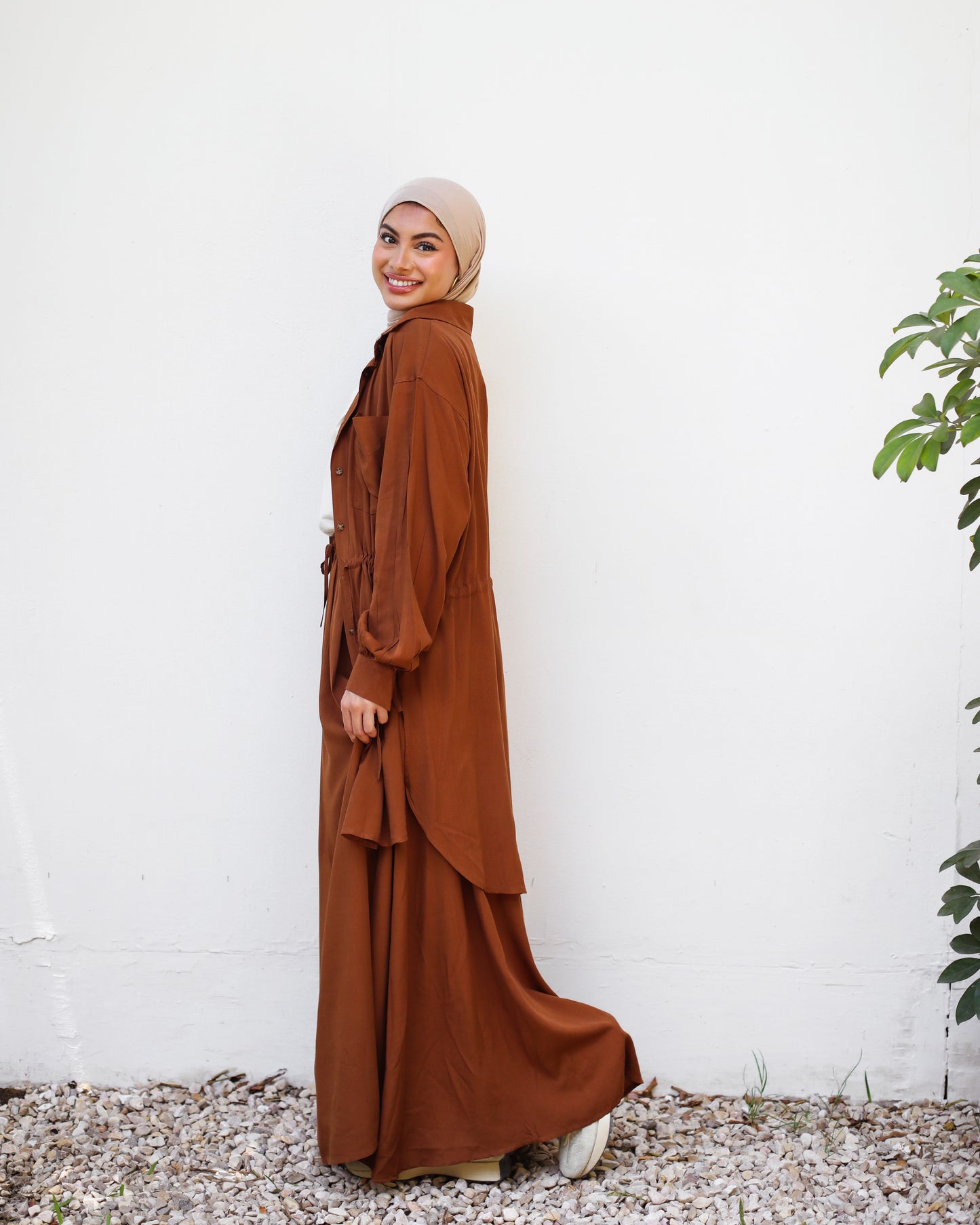 PLAIN LINEN SKIRT SET-BROWN