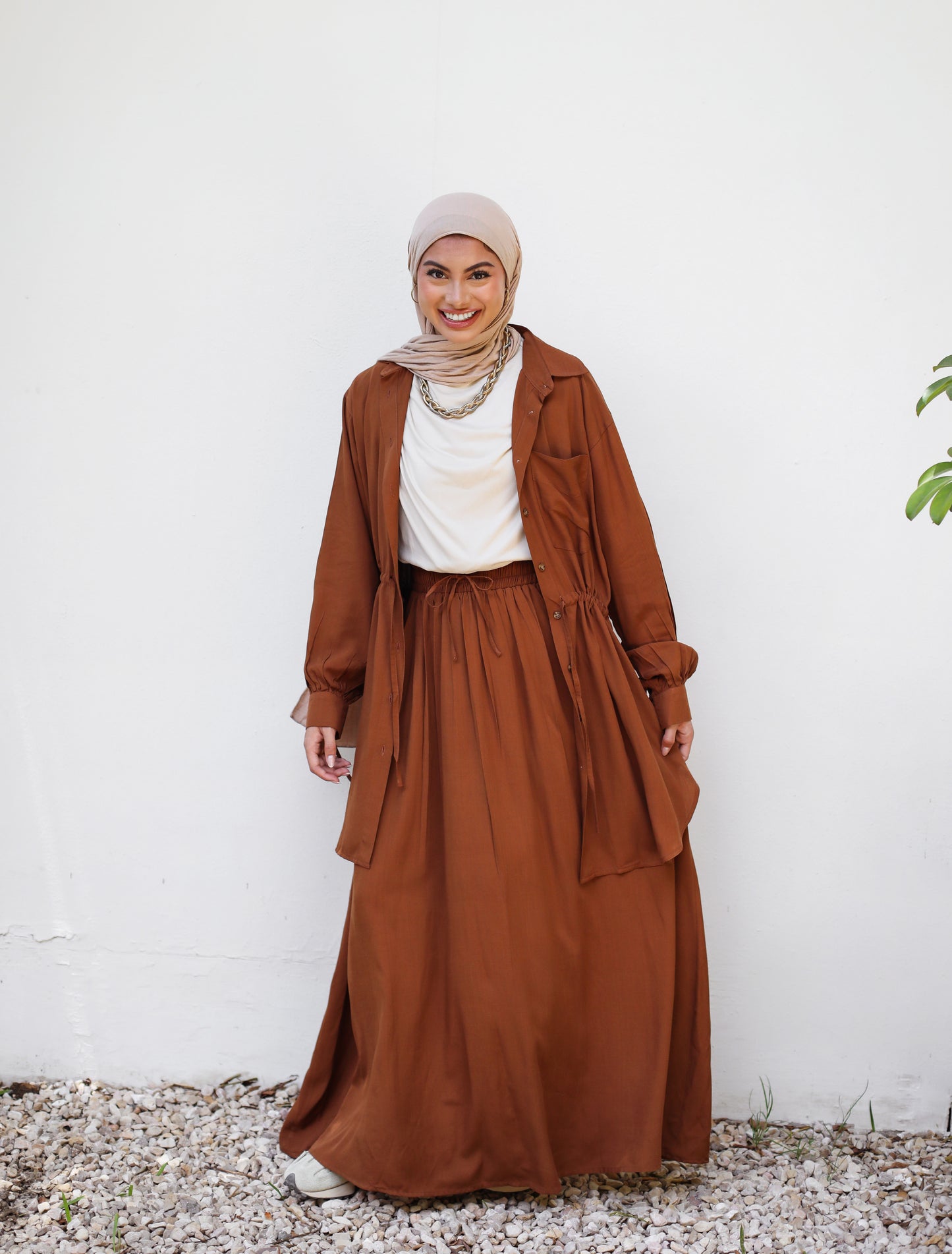 PLAIN LINEN SKIRT SET-BROWN