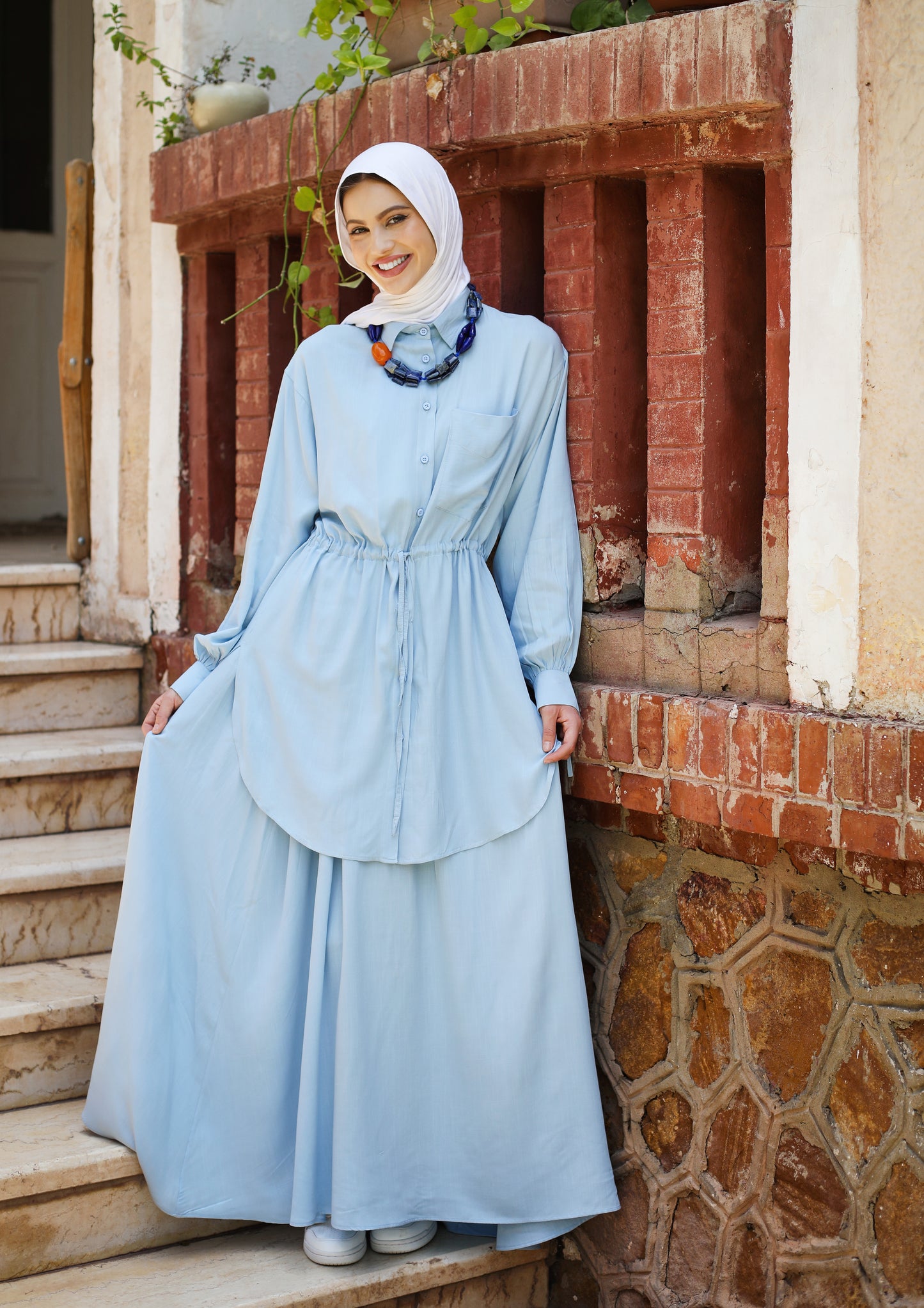 PLAIN LINEN SKIRT SET-BABY BLUE