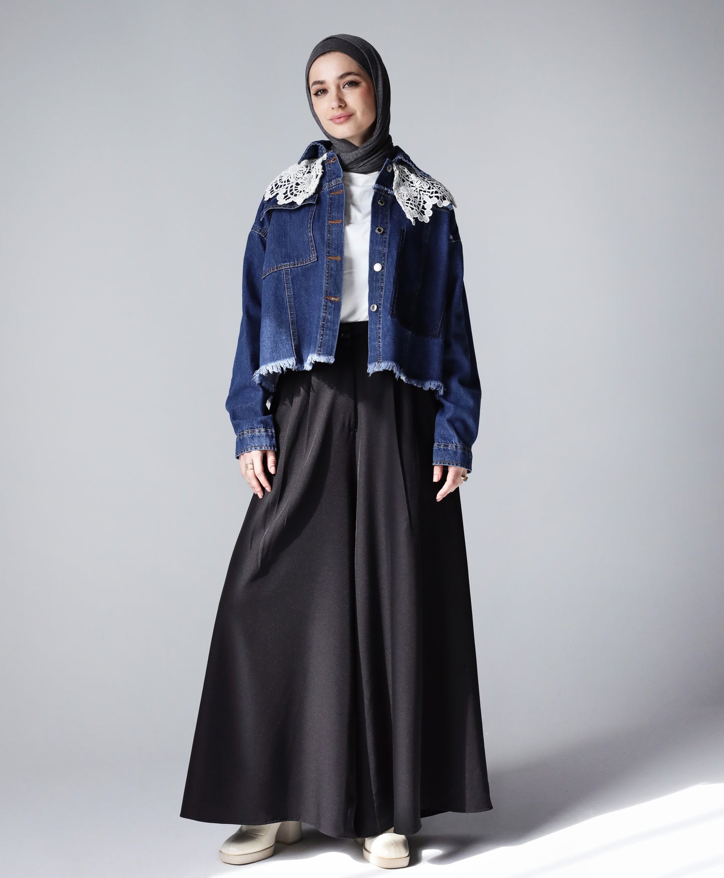COLLAR CROPPED DENIM JACKET-DARK BLUE