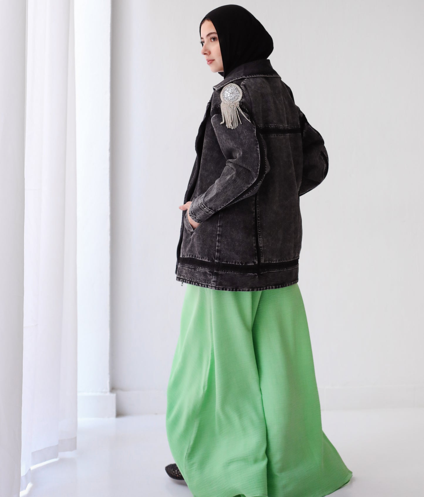 LONG STRASS DENIM JACKET-DARK GRAY