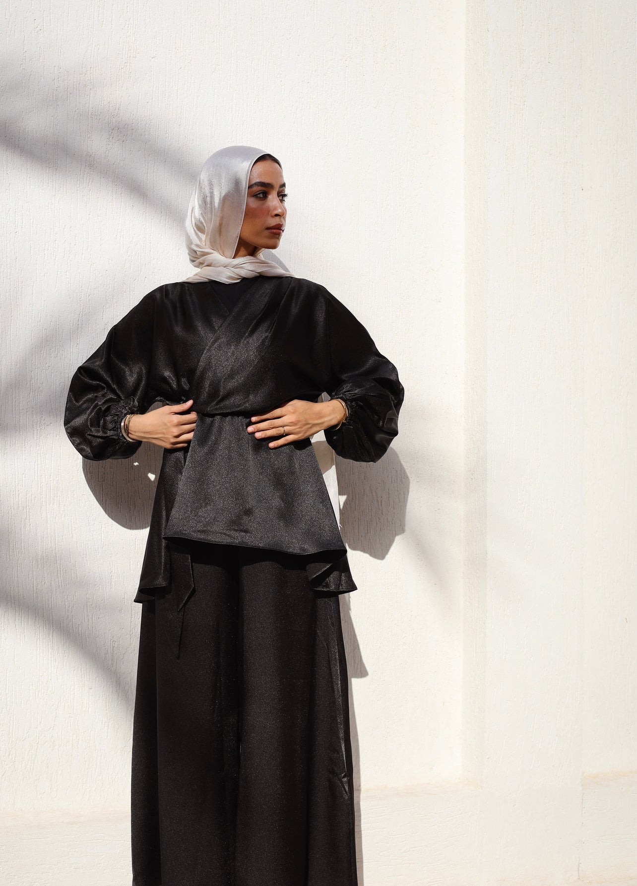 BLACK SATIN WIDE LEG PANTS