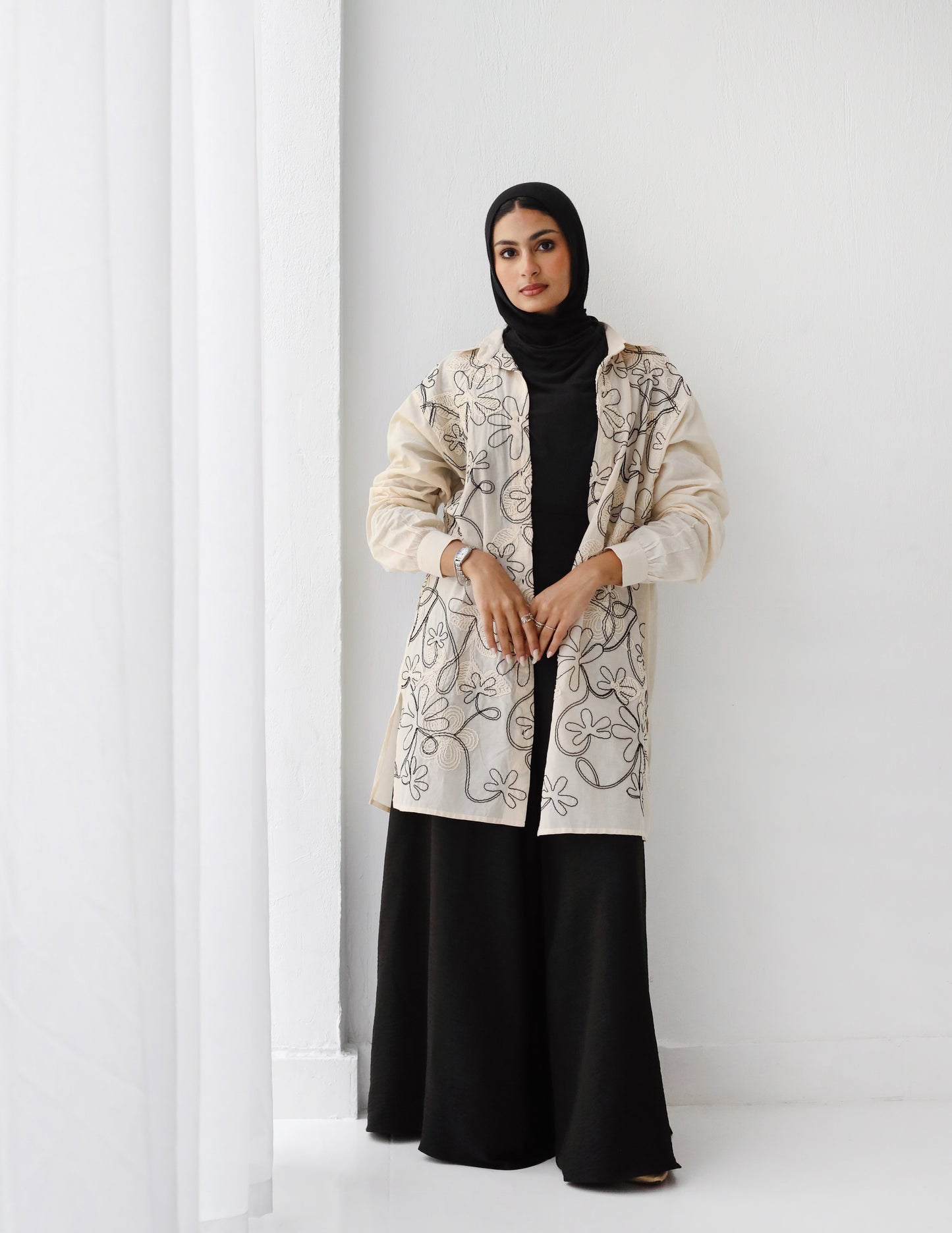 LONG EMBROIDERED LINEN BLOUSE-BEIGE