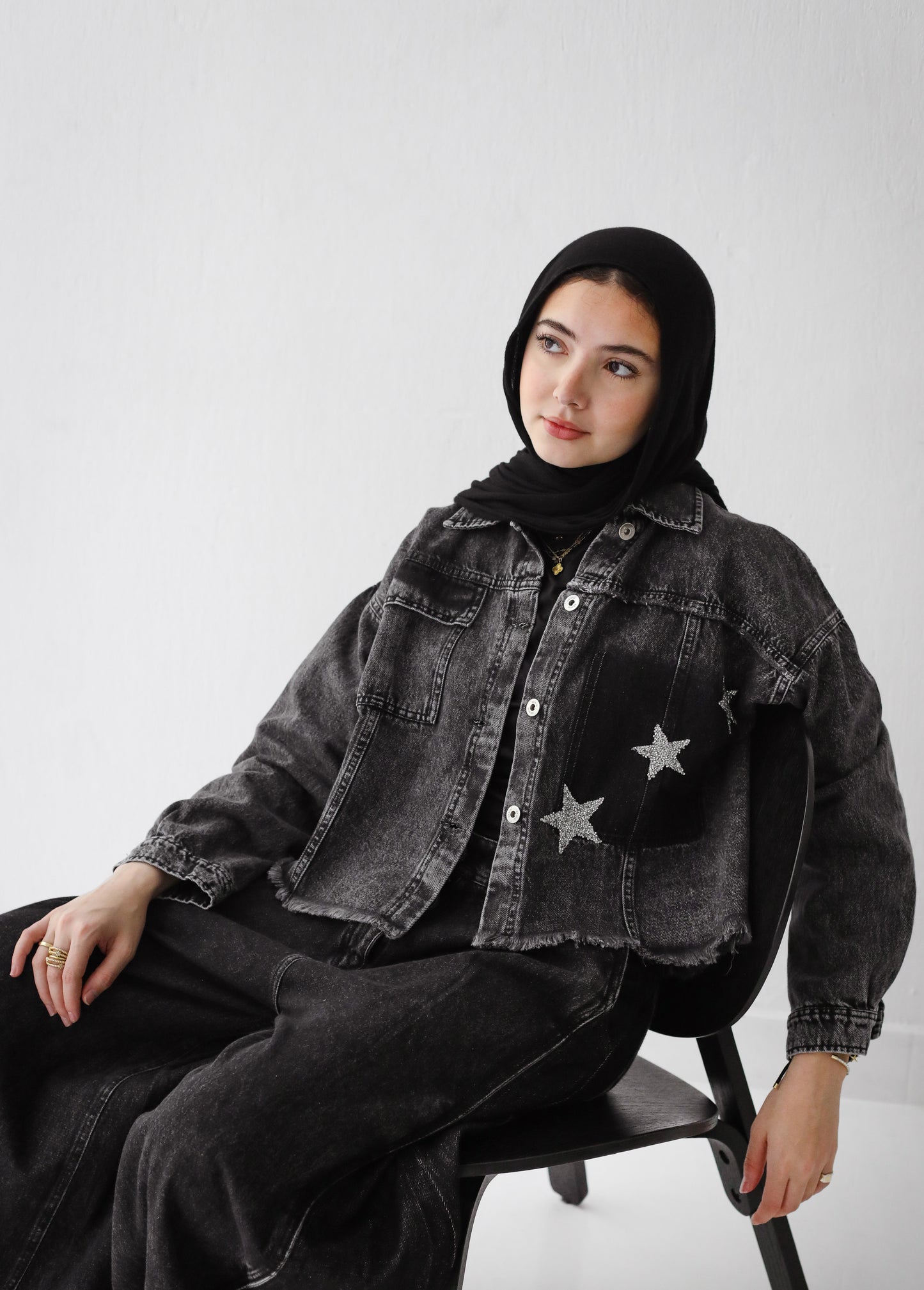 STRASS CROPPED DENIM JACKET-DARK GRAY