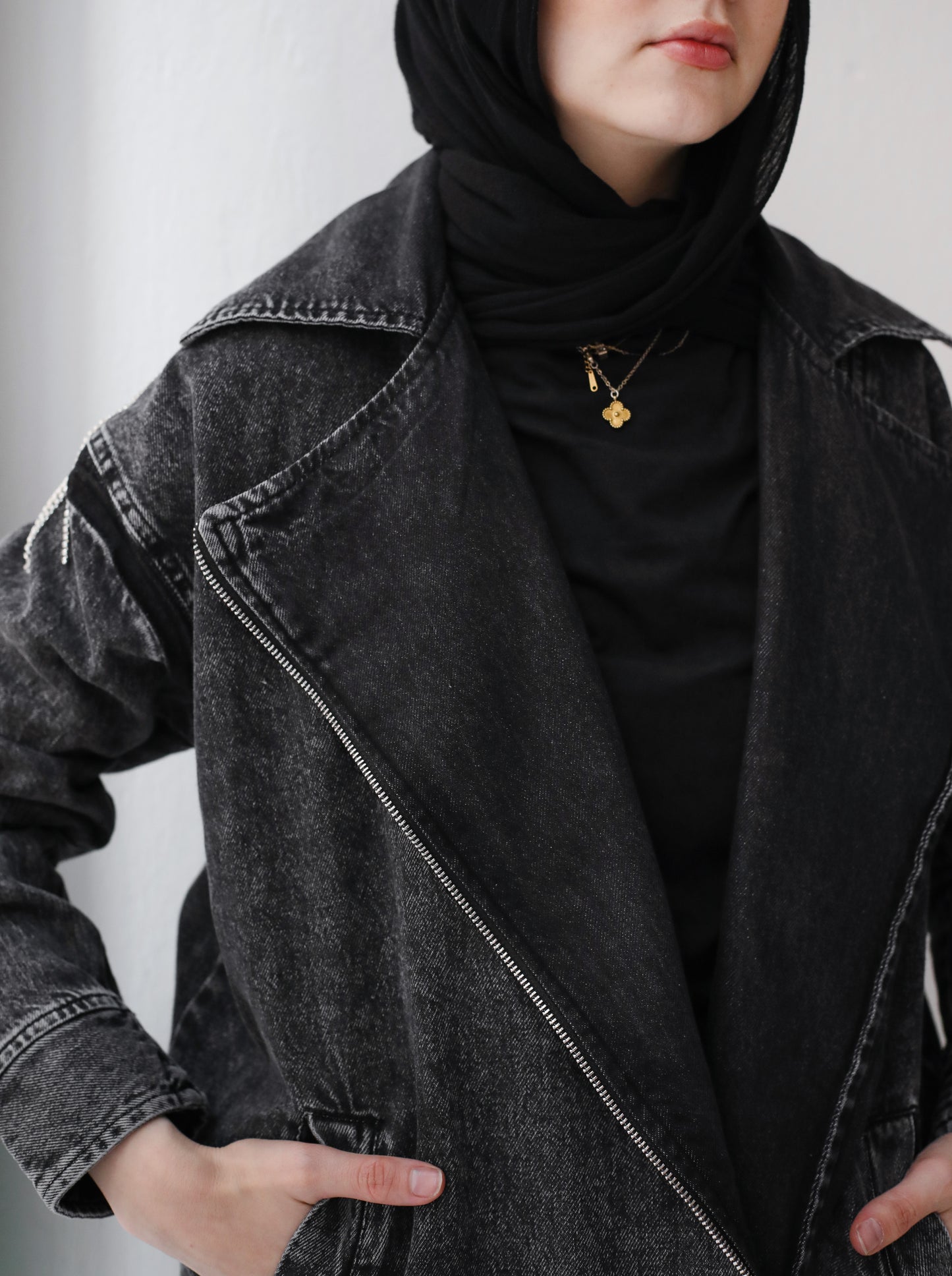 LONG STRASS DENIM JACKET-DARK GRAY