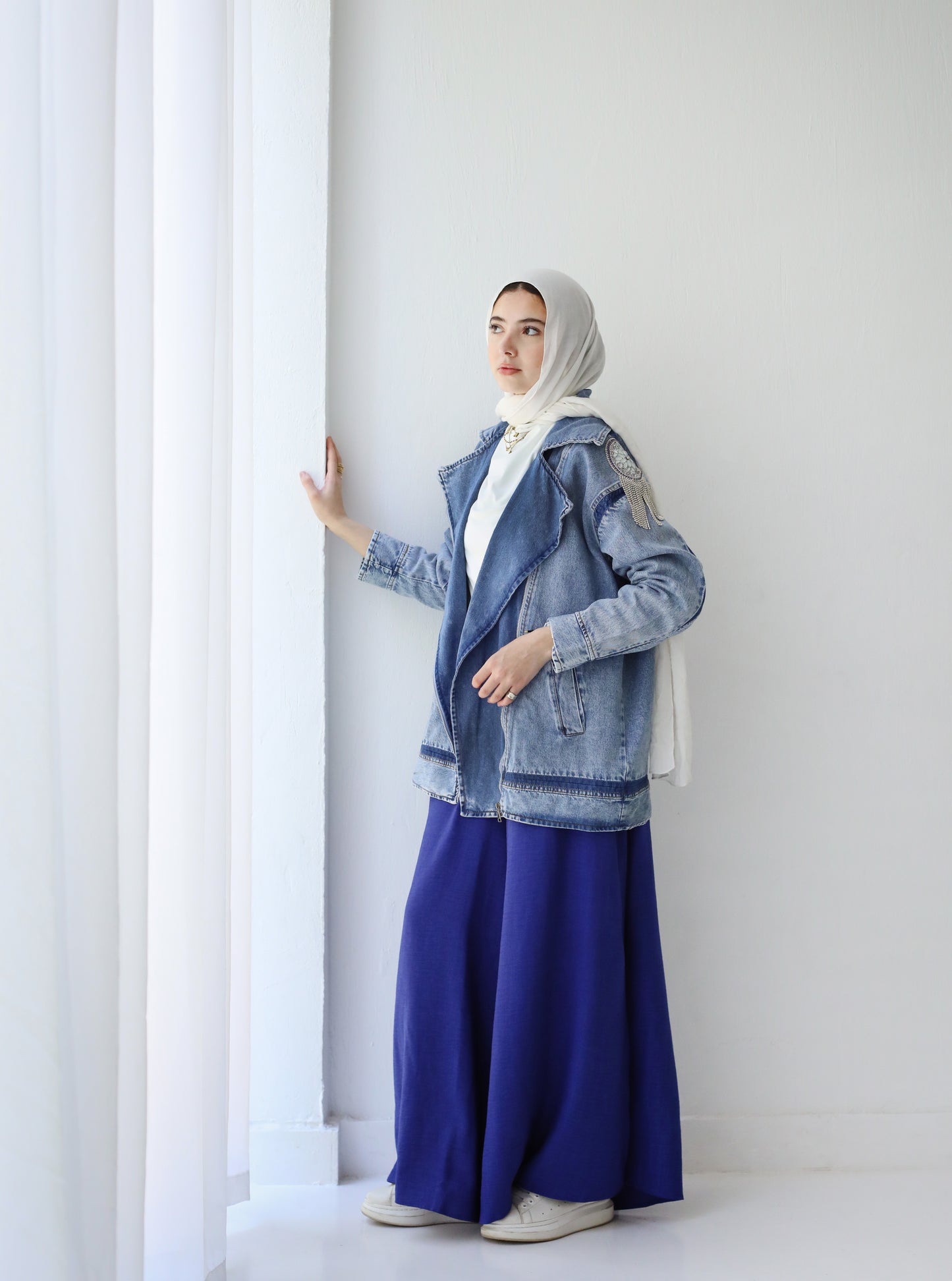 OVERSIZE STRASS LONG DENIM JACKET-LIGHT BLUE