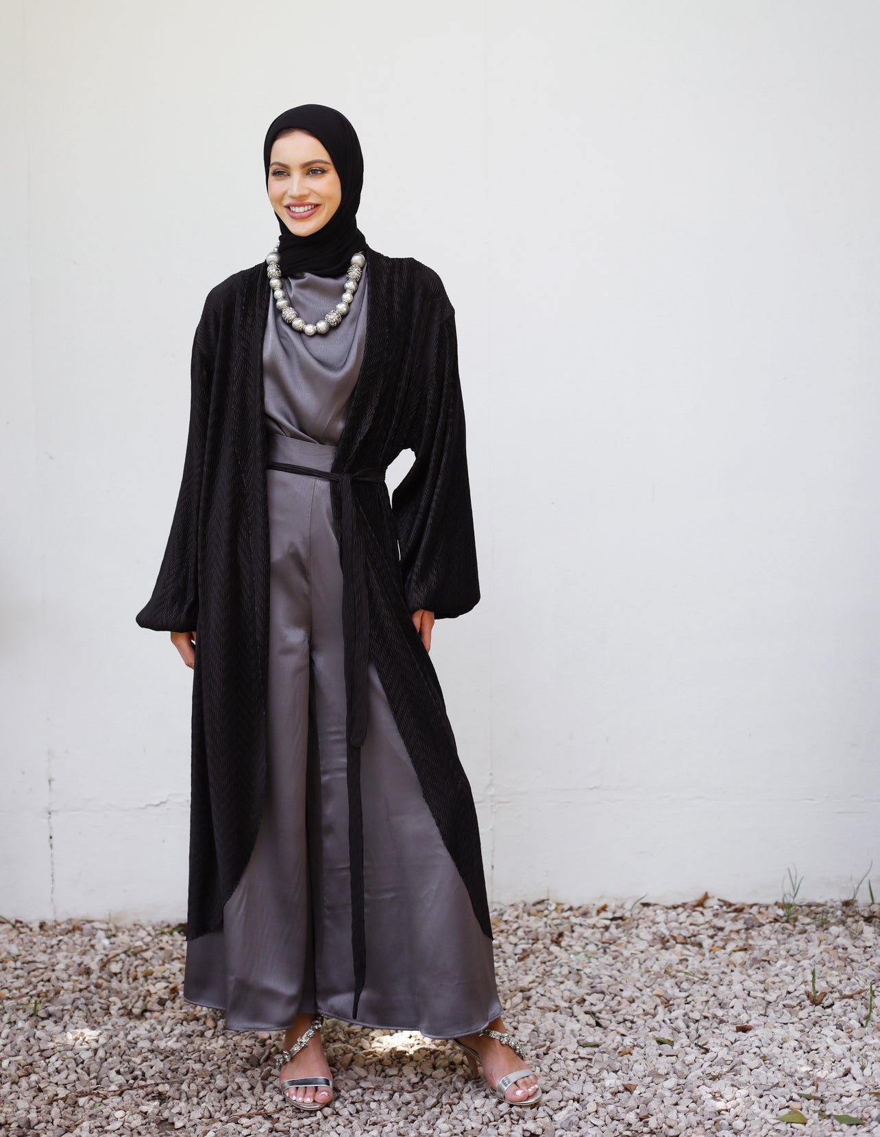 SATIN WIDE LEG PANTS-GRAY