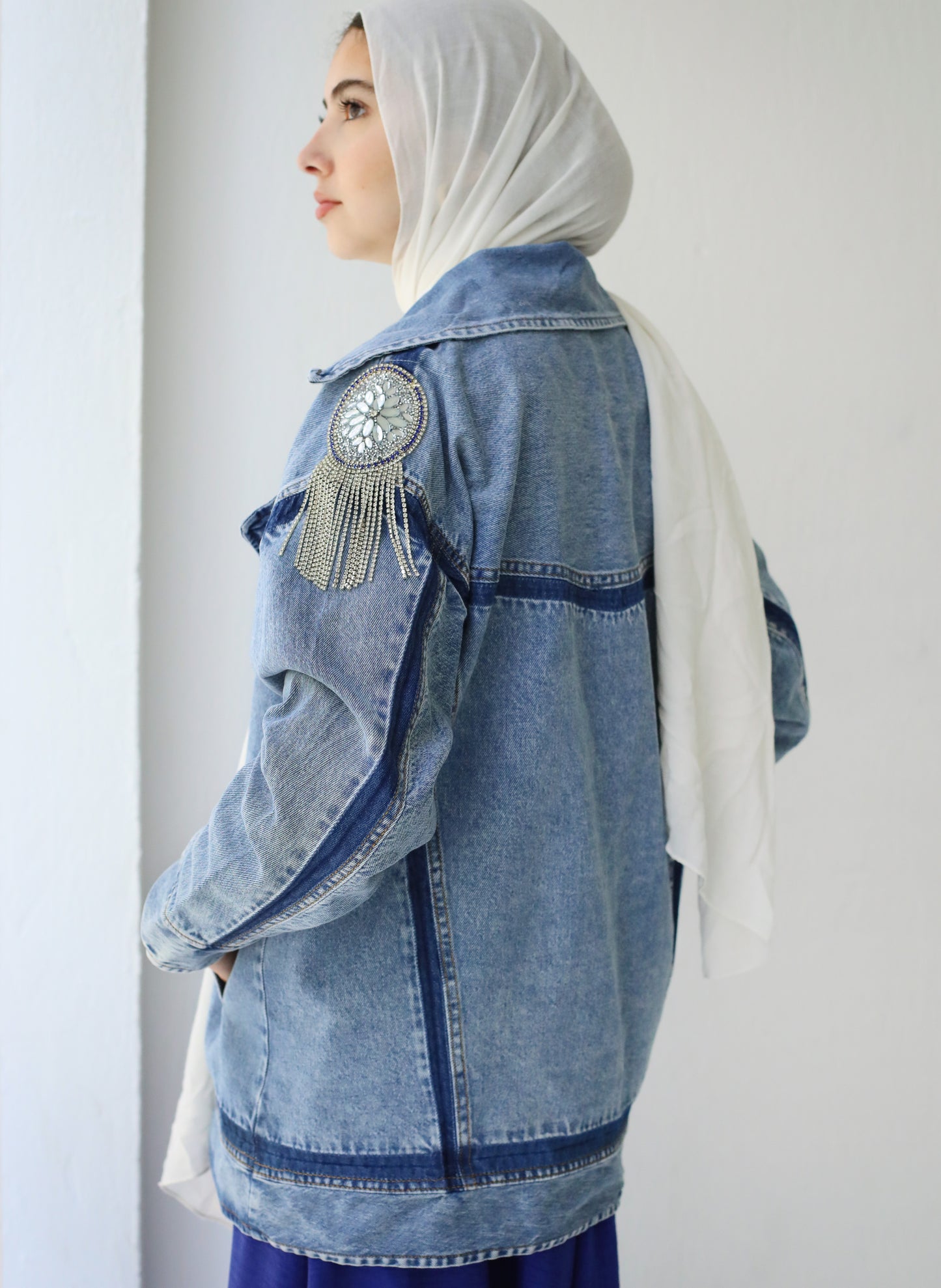OVERSIZE STRASS LONG DENIM JACKET-LIGHT BLUE