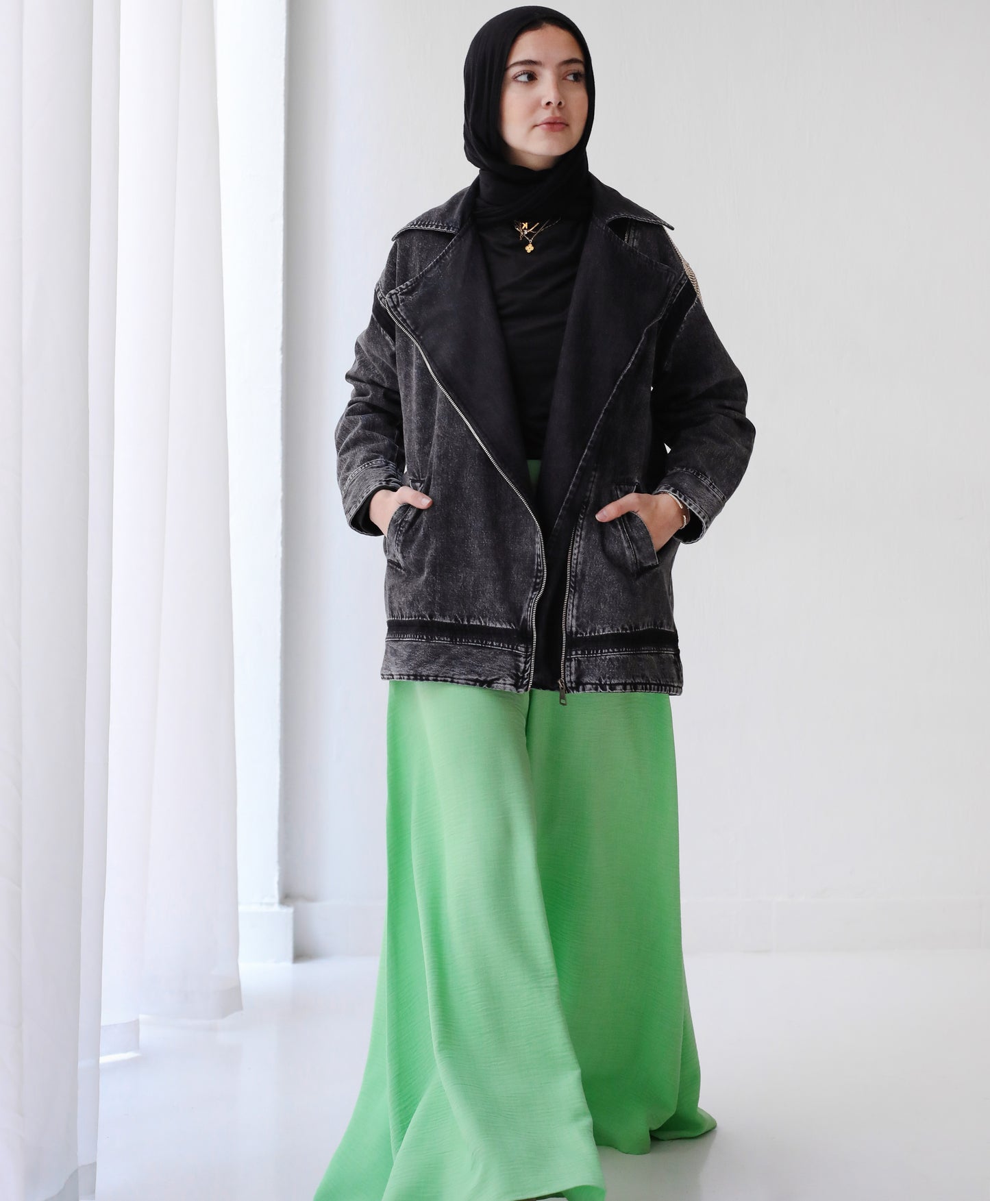 LONG STRASS DENIM JACKET-DARK GRAY