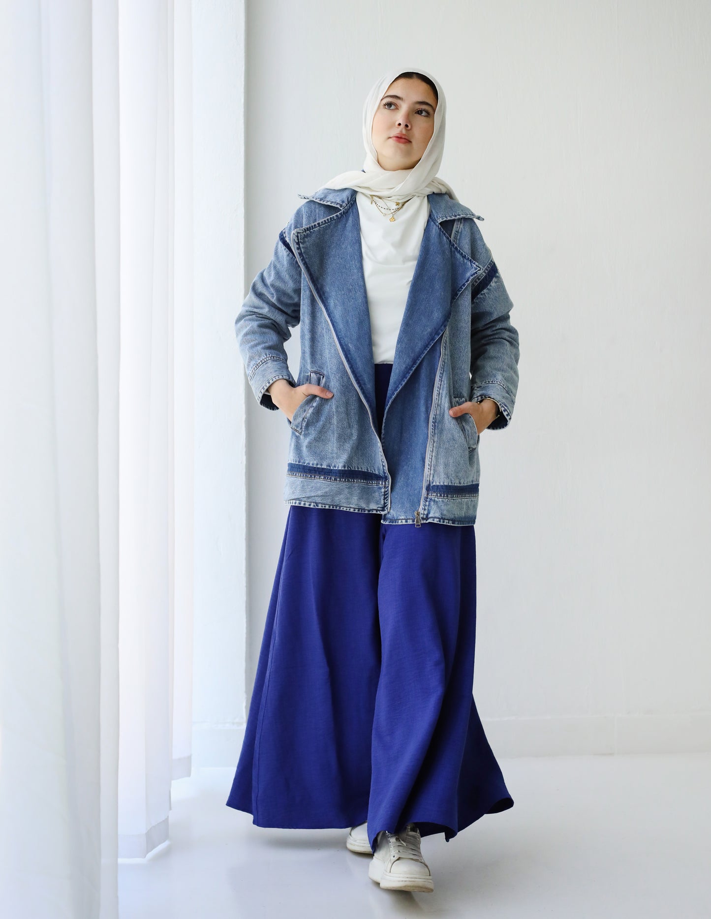 OVERSIZE STRASS LONG DENIM JACKET-LIGHT BLUE