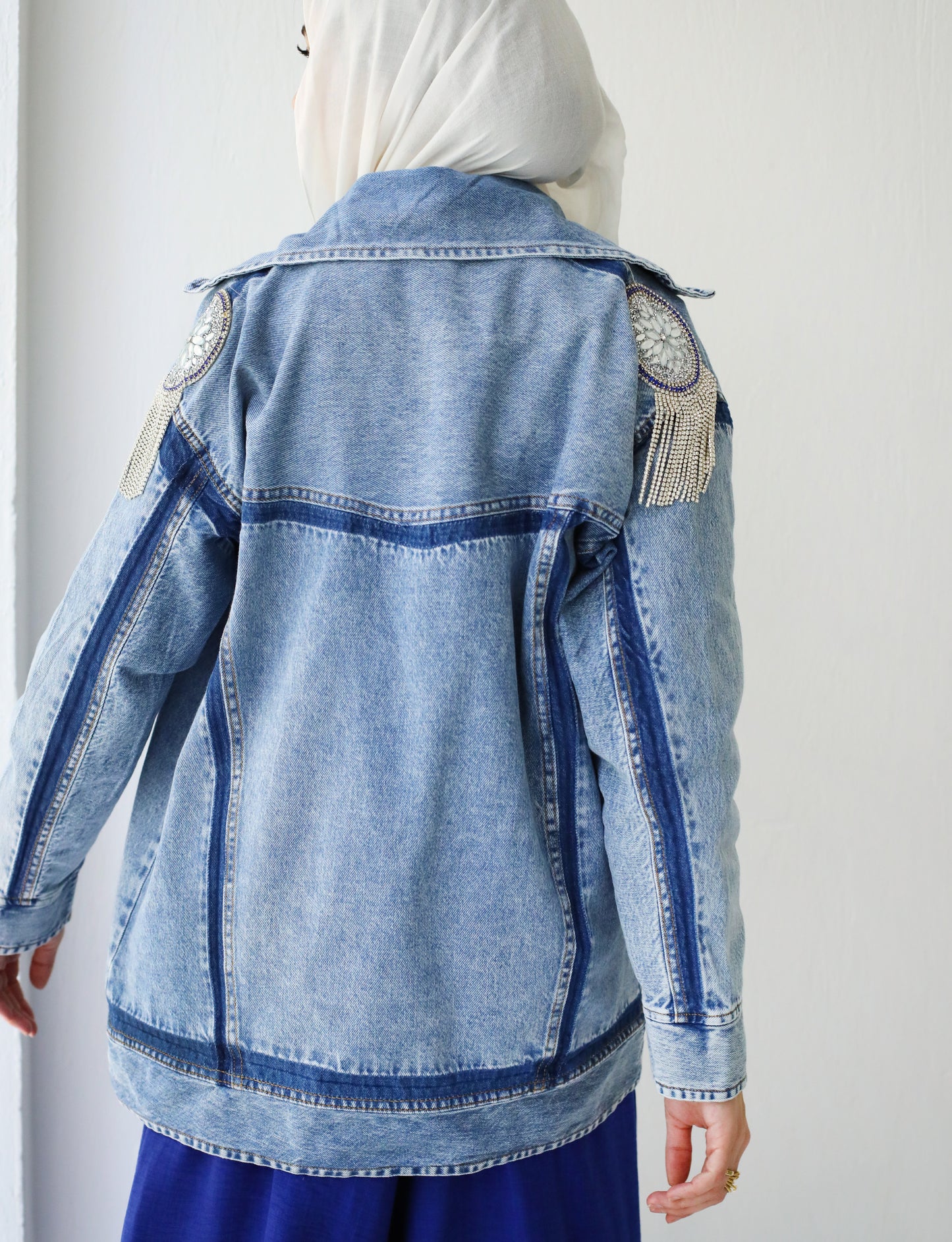 OVERSIZE STRASS LONG DENIM JACKET-LIGHT BLUE