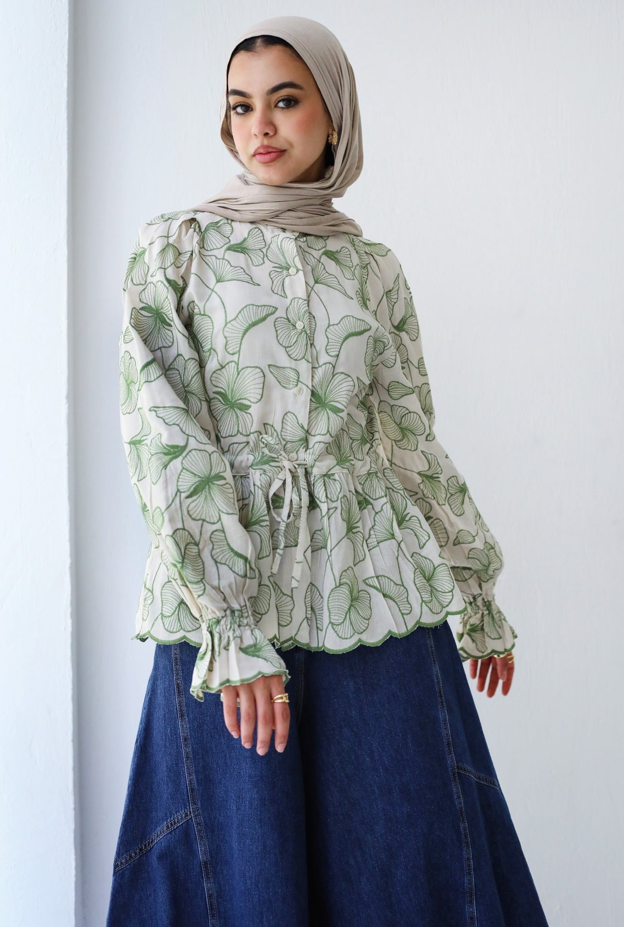 EMBROIDERED BLOUSE-OLIVE BEIGE