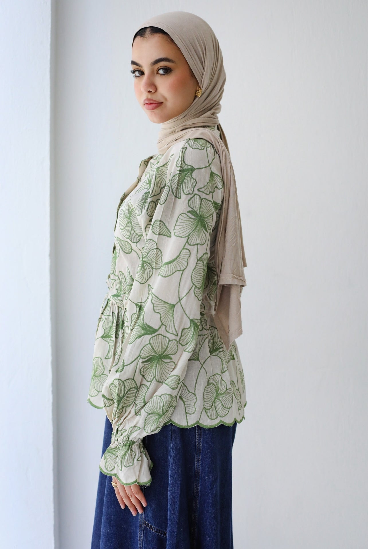 EMBROIDERED BLOUSE-OLIVE BEIGE
