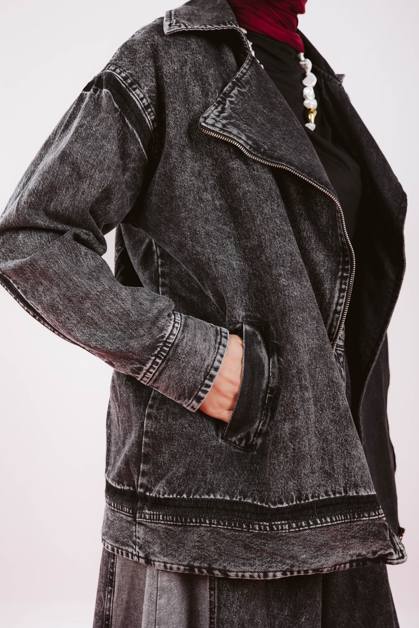 LONG OVERSIZE DENIM JACKET IN DARK GRAY
