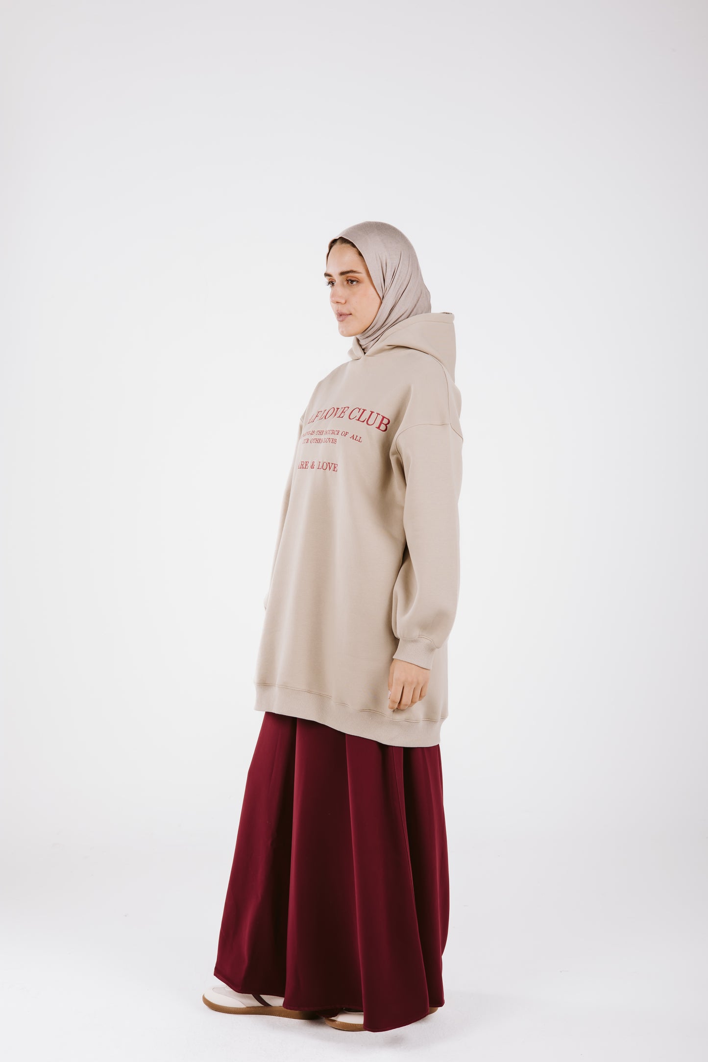 LONG EMBROIDERED HOODIE IN BEIGE