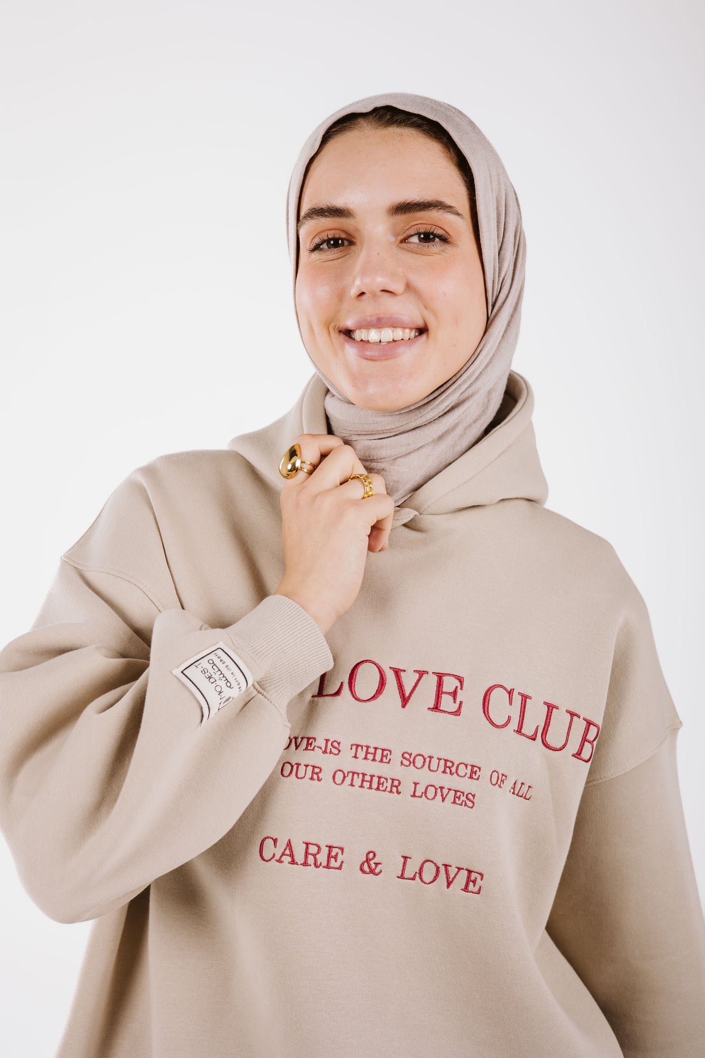 LONG EMBROIDERED HOODIE IN BEIGE