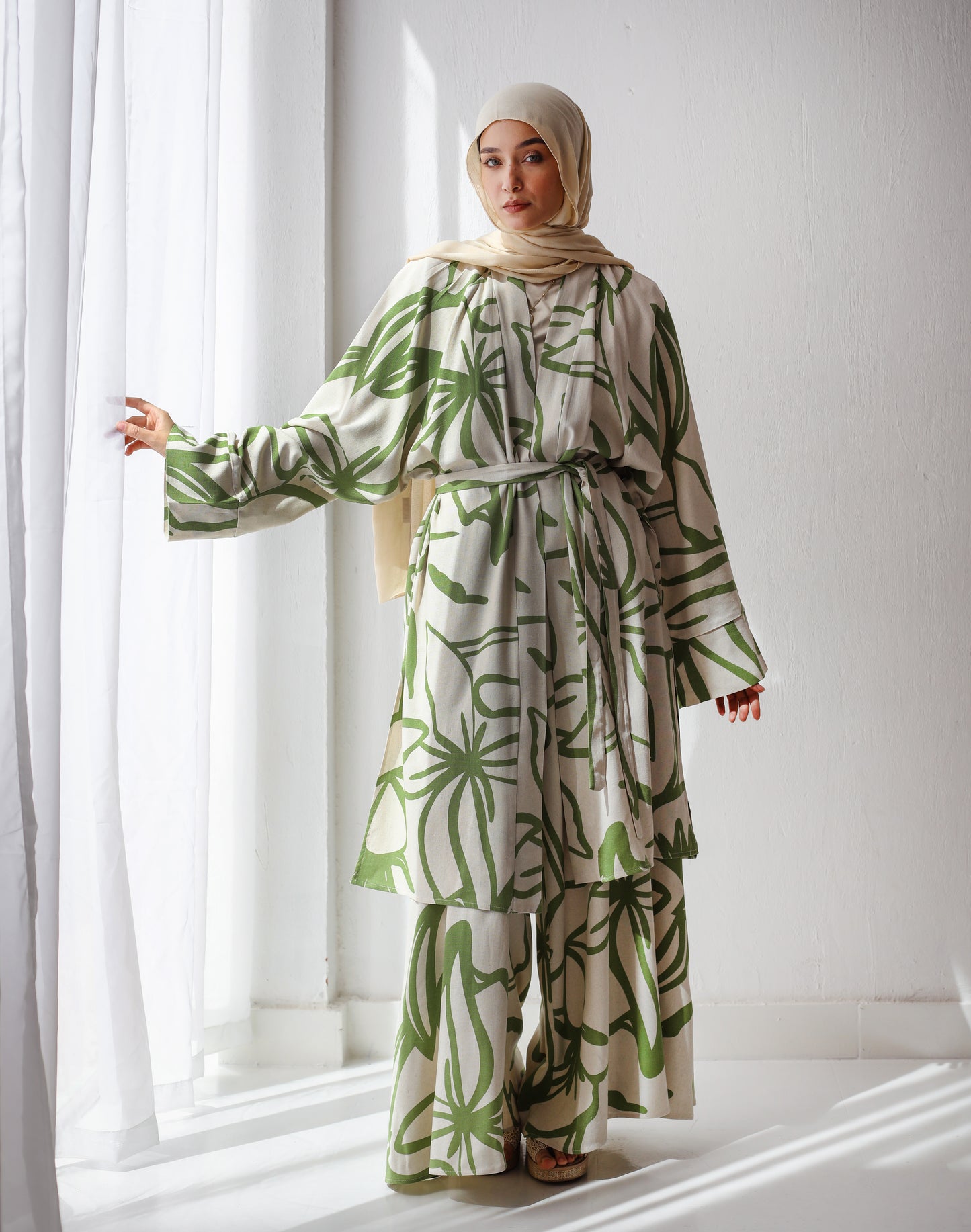 PRINTED LINEN WIDE LEG PANTS GREEN