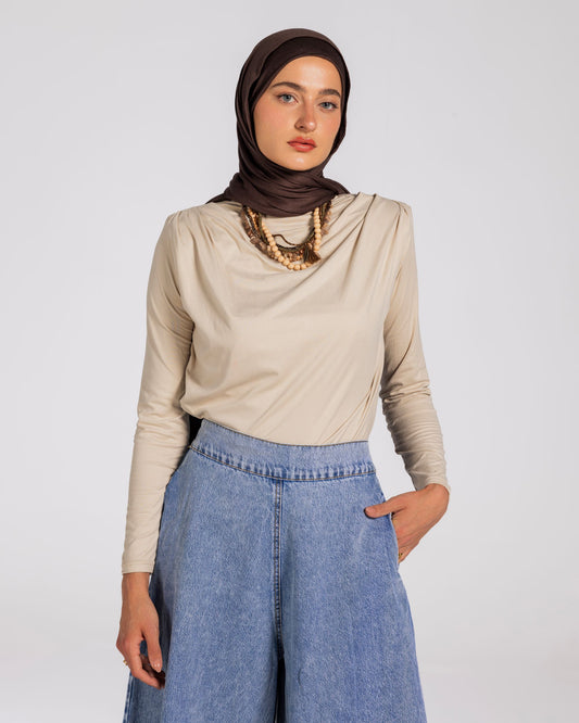 SHOULDER PADED DRAPED TOP - BEIGE