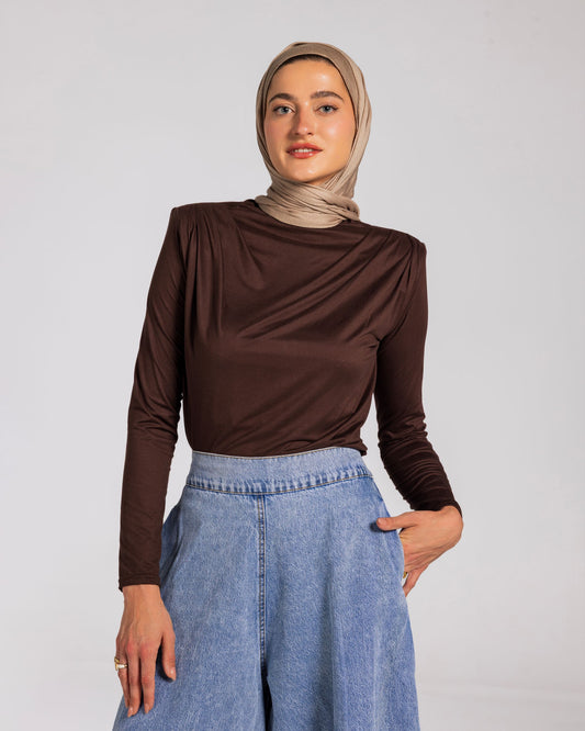 SHOULDER PADED DRAPED TOP - BROWN