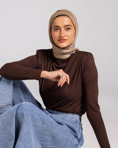 SHOULDER PADED DRAPED TOP - BROWN