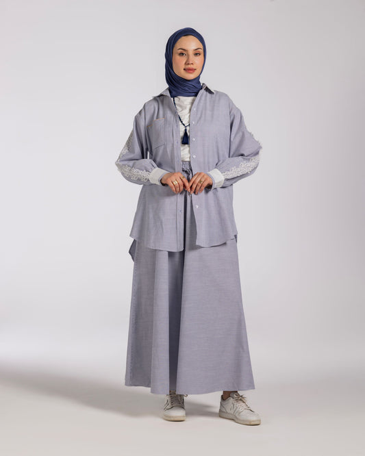 STRIPPED WIDE LEG COTTON SET -BLUE