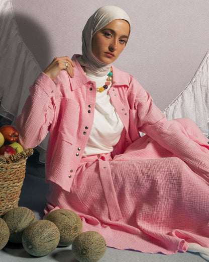 BISAN BLOUSE WITH SKIRT- PINK