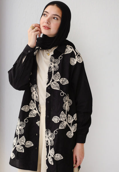 LONG EMBROIDERED LINEN BLOUSE-BLACK