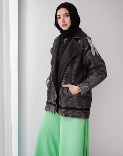 LONG STRASS DENIM JACKET-DARK GRAY