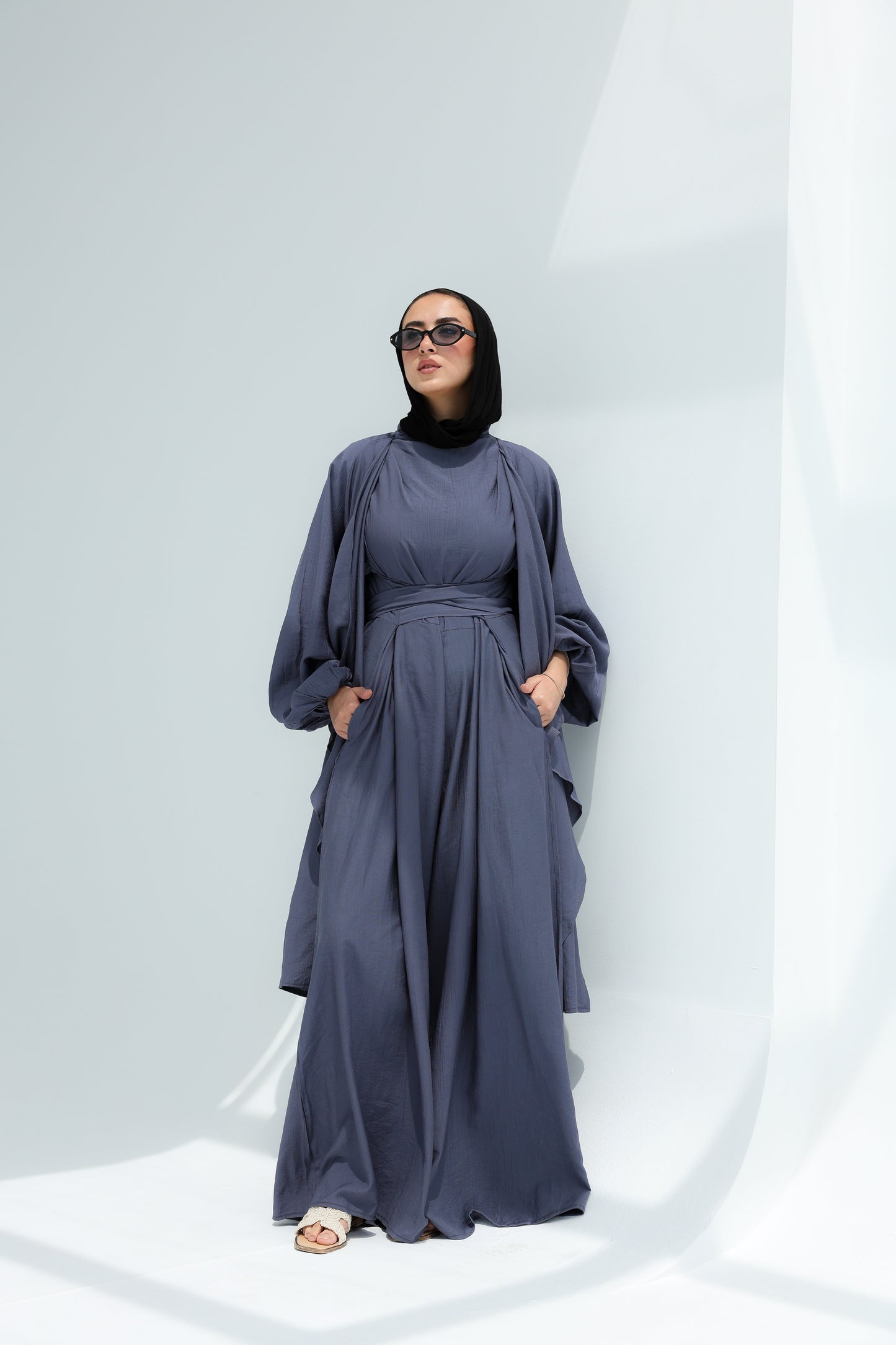 SERENE WIDE LEG JUMPSUIT SET -STEEL BLUE