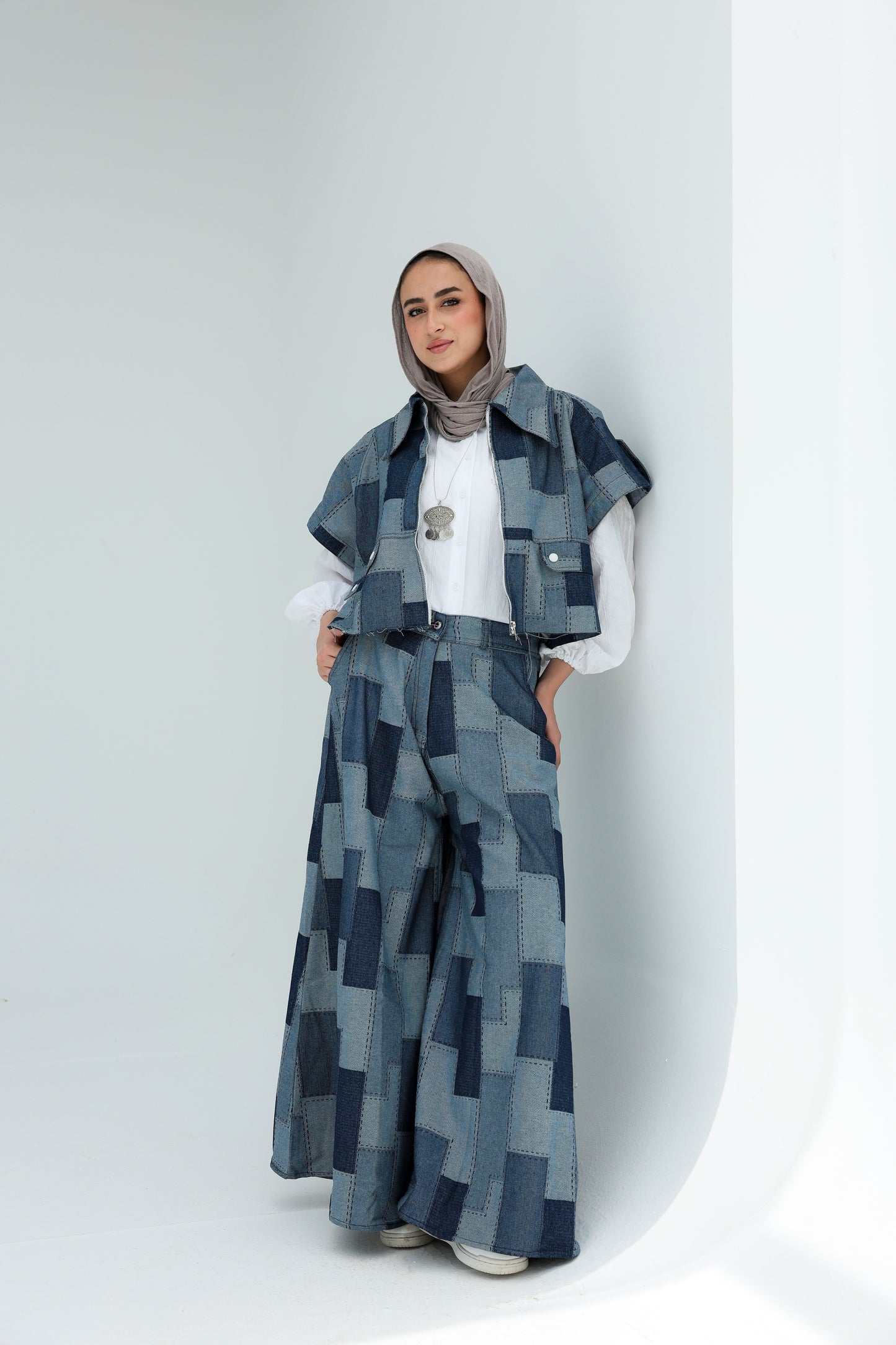 PATCHWORK WIDE LEG DENIM PANTS