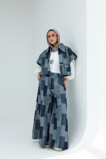 PATCHWORK WIDE LEG DENIM PANTS