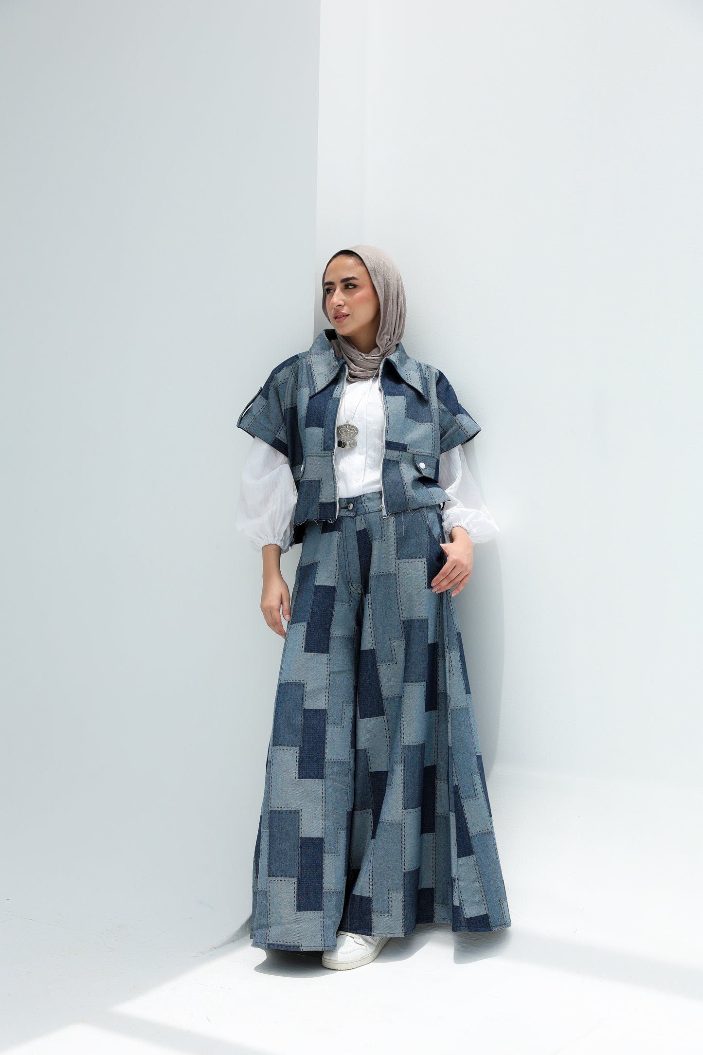 PATCHWORK WIDE LEG DENIM PANTS