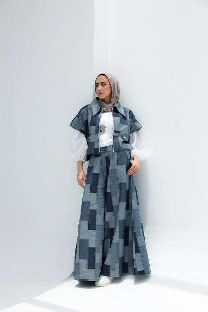 PATCHWORK WIDE LEG DENIM PANTS