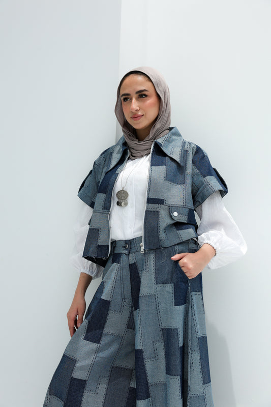 CROPEED SLEEVELESS PATCHWORK JACKET