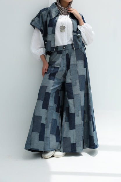 PATCHWORK WIDE LEG DENIM PANTS