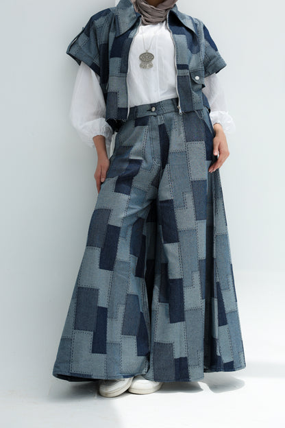 PATCHWORK WIDE LEG DENIM PANTS