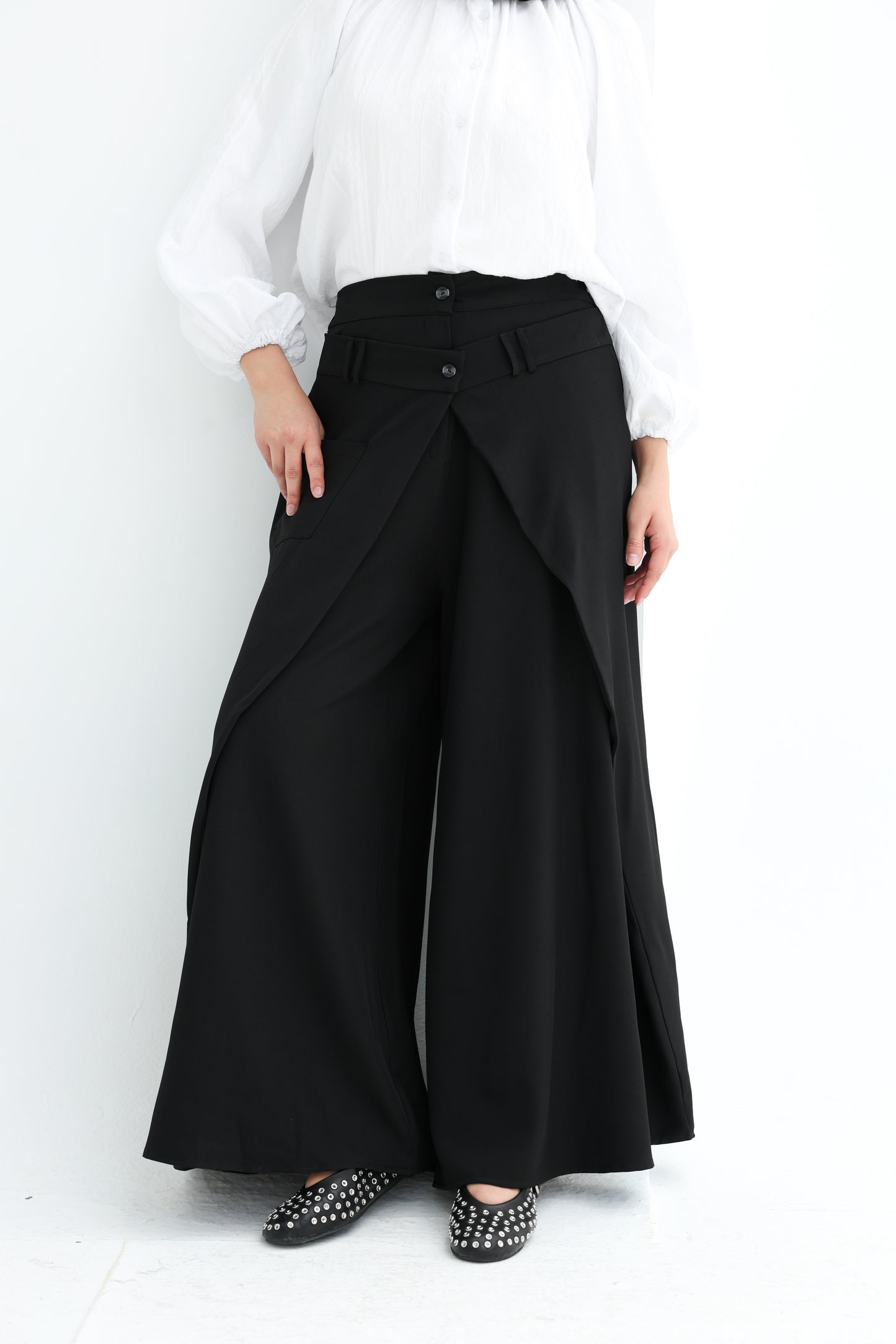 WRAPED WIDE LEG PANTS - BLACK