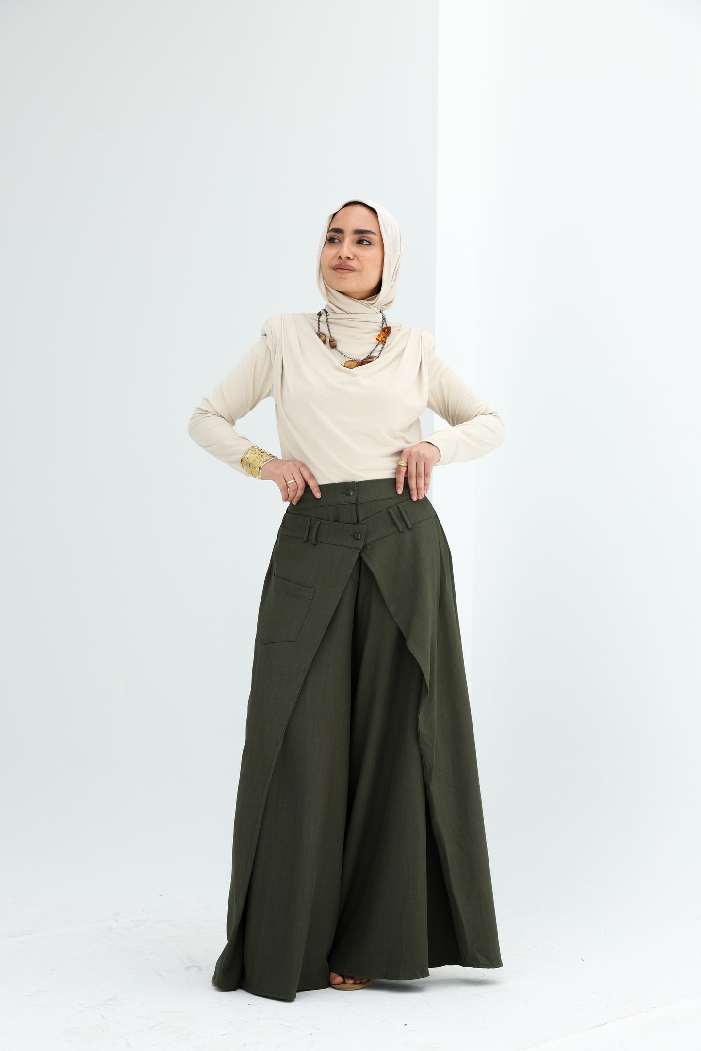 WRAP WIDE LEG PANTS - OLIVE