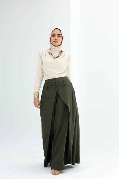 WRAP WIDE LEG PANTS - OLIVE