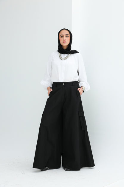 GABARDENE WIDE LEG PANTS - BLACK