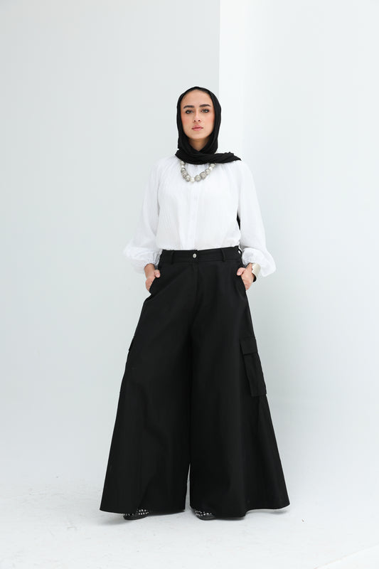 GABARDENE WIDE LEG PANTS - BLACK