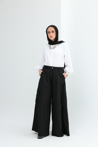 GABARDENE WIDE LEG PANTS - BLACK