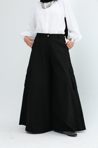 GABARDENE WIDE LEG PANTS - BLACK