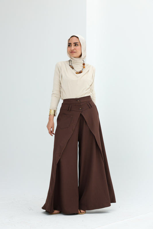 WRAP WIDE LEG PANTS - BROWN